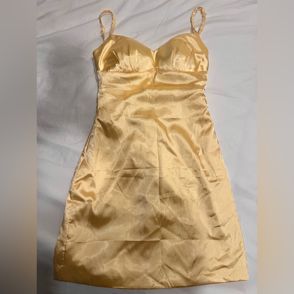 Elegant Yellow Satin Dress Homecoming Mini Dress Party